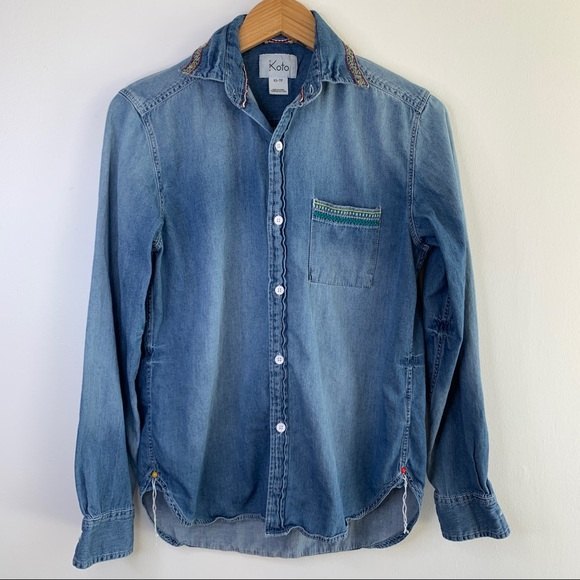 Urban Outfitters Koto Chambray denim western embroidered button shirt boho Top - Picture 11 of 11